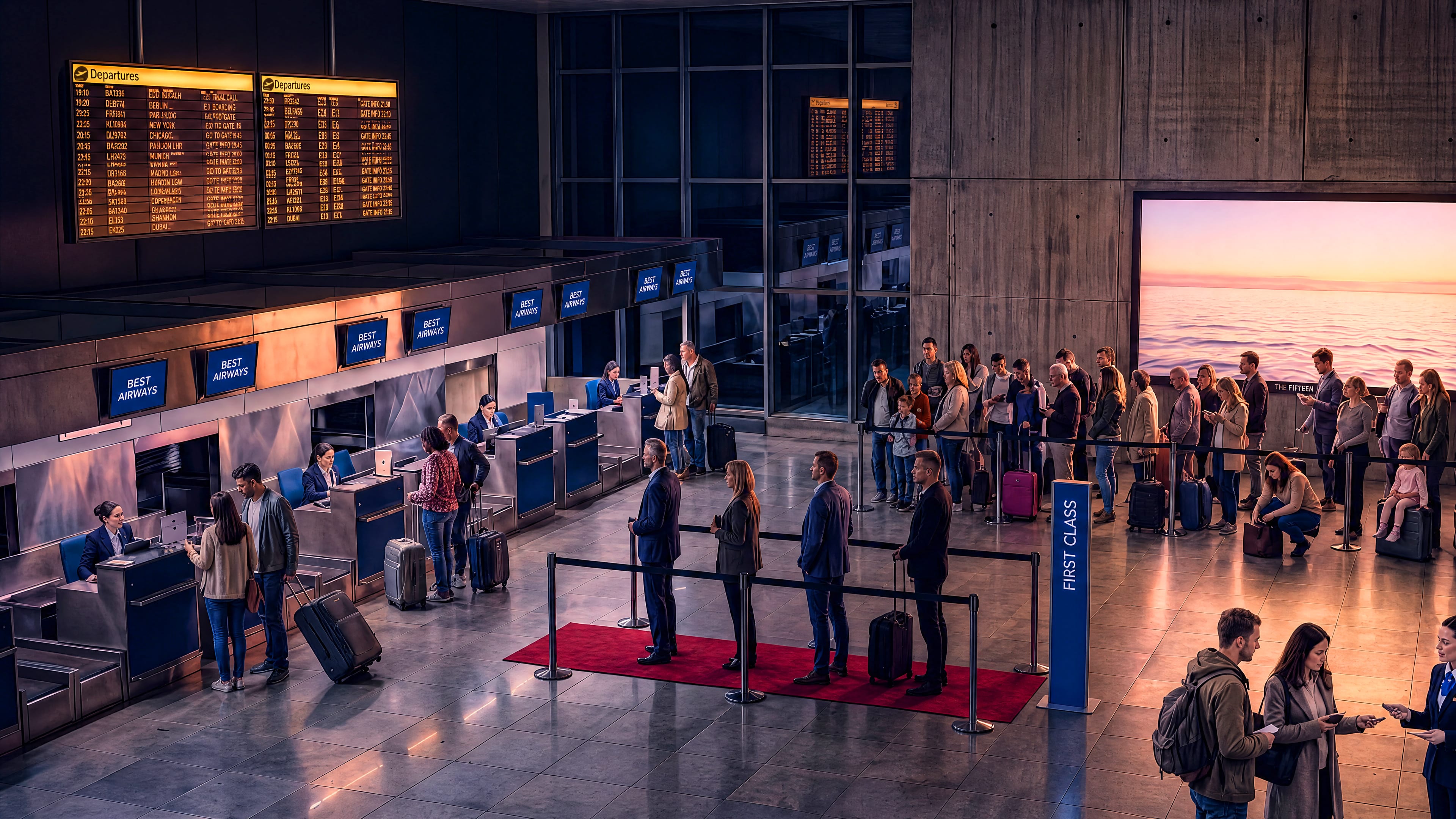 A British Airways check-in hall at night — amber departure boards glowing over staffed desks, a queue with a family threading the barriers, a First Class totem marking its own lane, and an illuminated seascape panel on the concrete wall, unwatched.