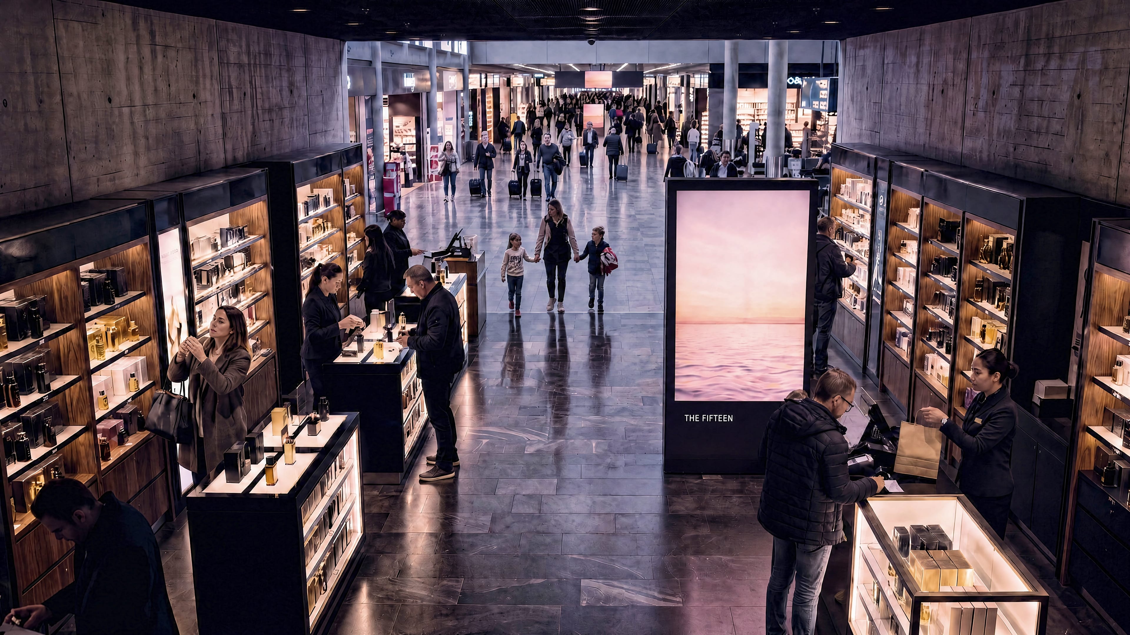 A duty-free hall at night — travellers drift past a wall of illuminated seascape advertisements, eyes on phones, while shoppers browse the lit glass counters.