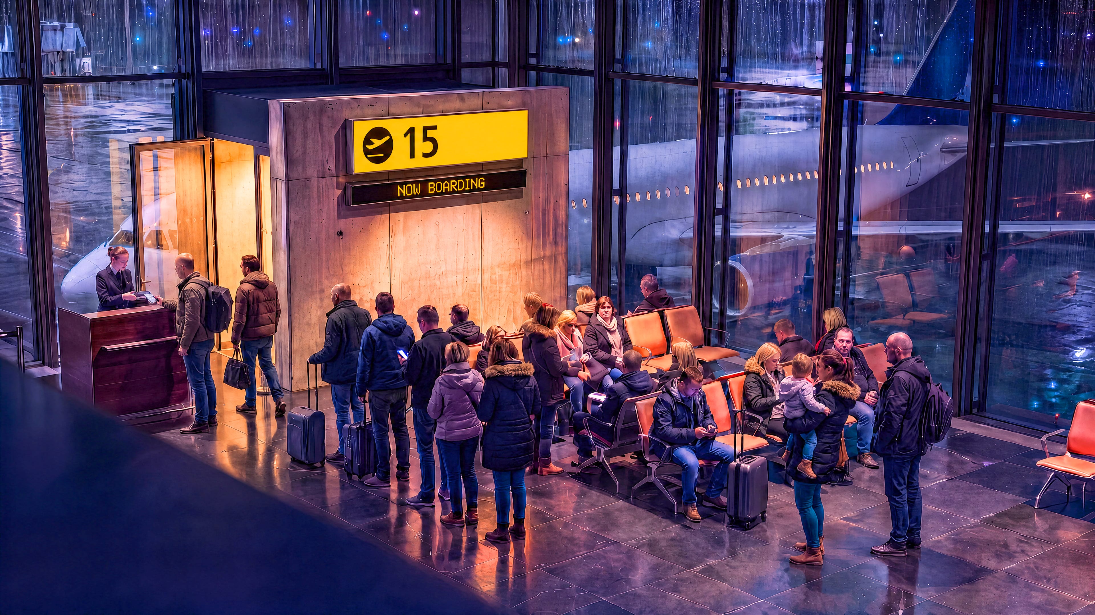 A gate lounge at night, rain streaking the glass. An illuminated yellow gate sign reading 15 glows on a concrete pier above the seating, the words NOW BOARDING lit beneath it. Passengers wait in the rows below, a few of them looking up at the sign.