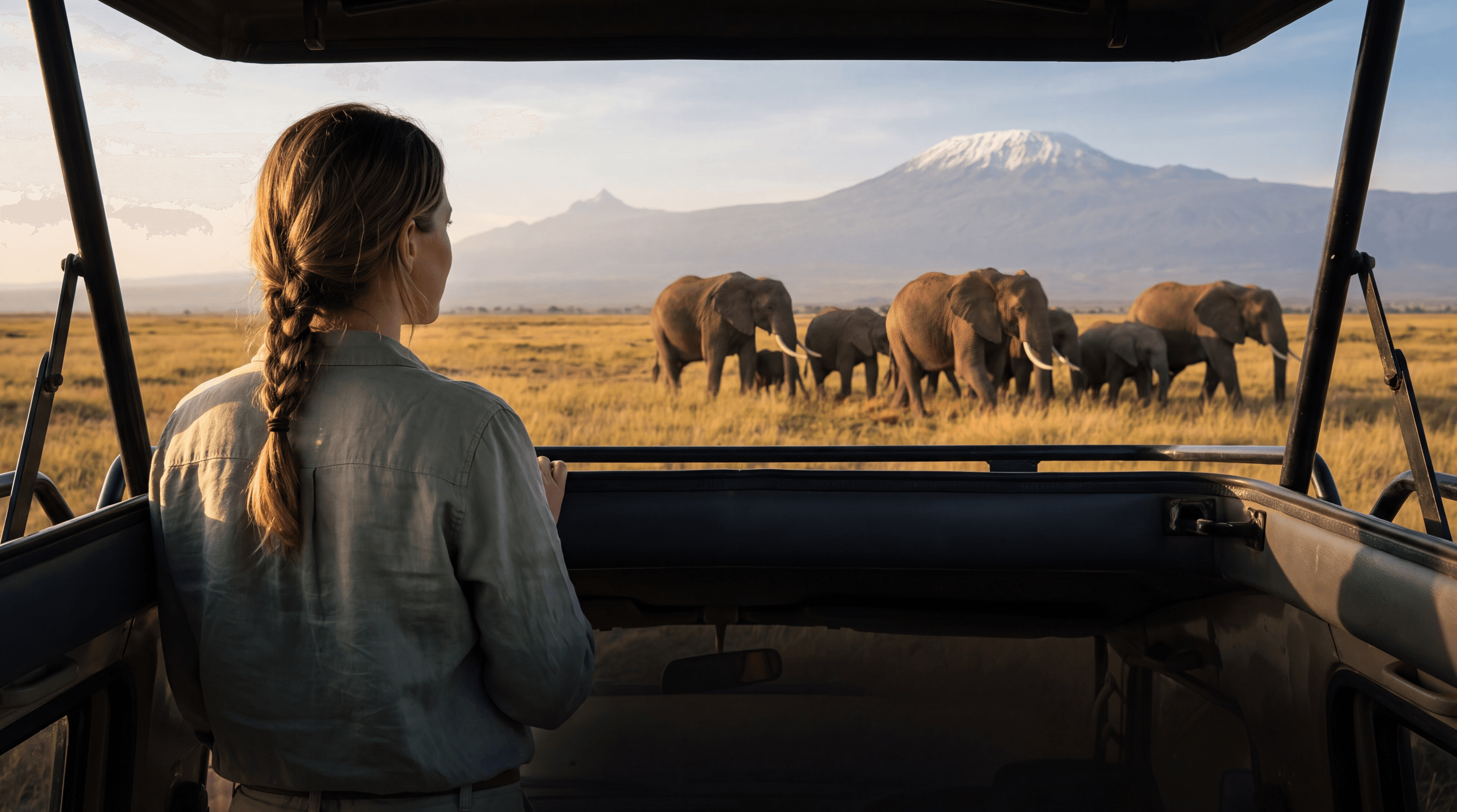 A woman seen from behind in an open safari vehicle, watching a herd of elephants on golden grassland below snow-capped Kilimanjaro